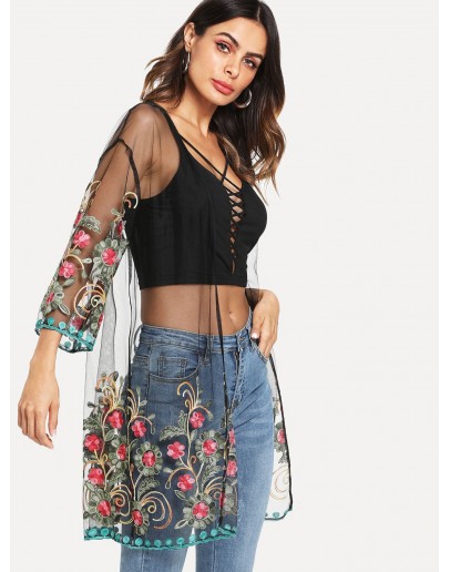 Flower Embroidered Mesh Kimono