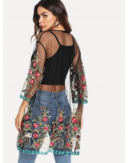 Flower Embroidered Mesh Kimono