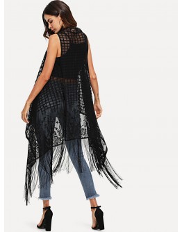 Fringe Detail See Through Plaid Kimono