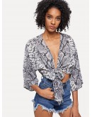 Knot Front Snake Skin Print Kimono