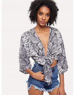 Knot Front Snake Skin Print Kimono