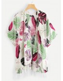 Jungle Leaf Print Tassel Hem Kimono