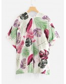 Jungle Leaf Print Tassel Hem Kimono