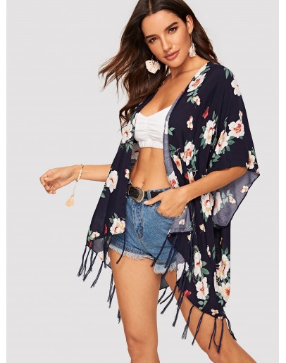 Flower Print Fringe Hem Kimono