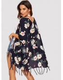 Flower Print Fringe Hem Kimono