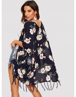 Flower Print Fringe Hem Kimono