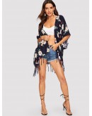 Flower Print Fringe Hem Kimono