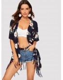 Flower Print Fringe Hem Kimono