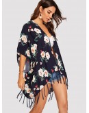 Flower Print Fringe Hem Kimono