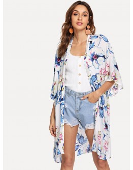 Botanical Print Open Front Longline Kimono