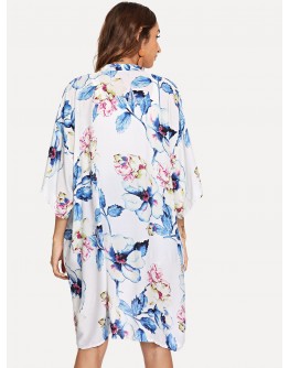 Botanical Print Open Front Longline Kimono