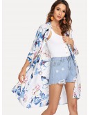 Botanical Print Open Front Longline Kimono