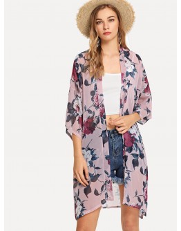 Open Front Floral Print Kimono