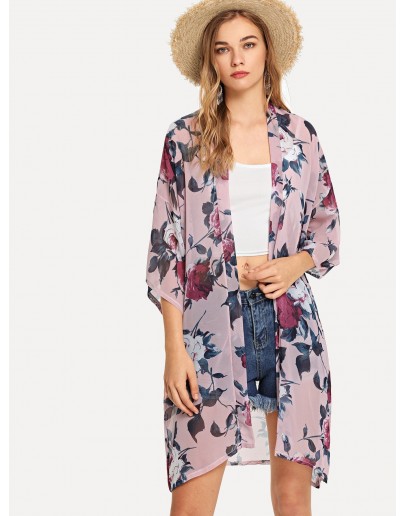 Open Front Floral Print Kimono