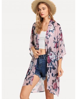 Open Front Floral Print Kimono