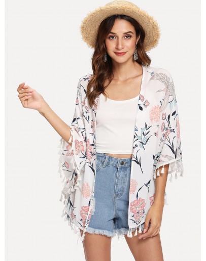 Tassel Trim Floral Print Kimono