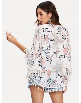 Tassel Trim Floral Print Kimono