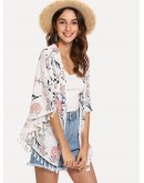 Tassel Trim Floral Print Kimono