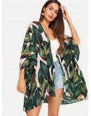 Jungle Leaf Print Batwing Sleeve Kimono