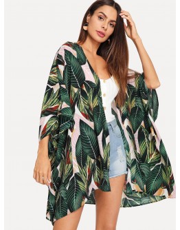 Jungle Leaf Print Batwing Sleeve Kimono