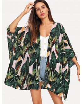 Jungle Leaf Print Batwing Sleeve Kimono