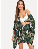 Jungle Leaf Print Batwing Sleeve Kimono