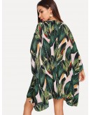 Jungle Leaf Print Batwing Sleeve Kimono