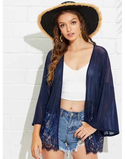 Bell Sleeve Contrast Lace Hem Kimono