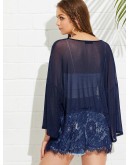 Bell Sleeve Contrast Lace Hem Kimono