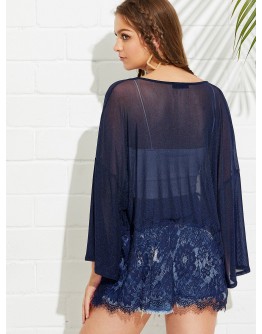 Bell Sleeve Contrast Lace Hem Kimono