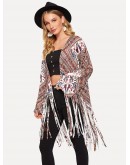 Open Front Fringe Hem Retro Print Kimono