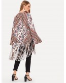 Open Front Fringe Hem Retro Print Kimono