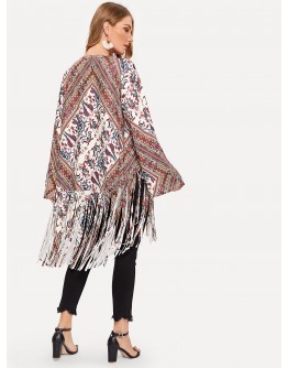 Open Front Fringe Hem Retro Print Kimono