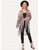 Open Front Fringe Hem Retro Print Kimono