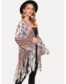 Open Front Fringe Hem Retro Print Kimono