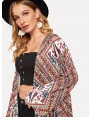 Open Front Fringe Hem Retro Print Kimono