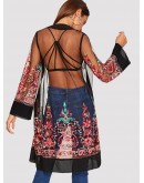 Open Front Mesh Flower Embroidered Kimono