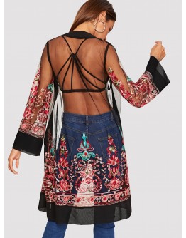 Open Front Mesh Flower Embroidered Kimono