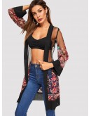 Open Front Mesh Flower Embroidered Kimono