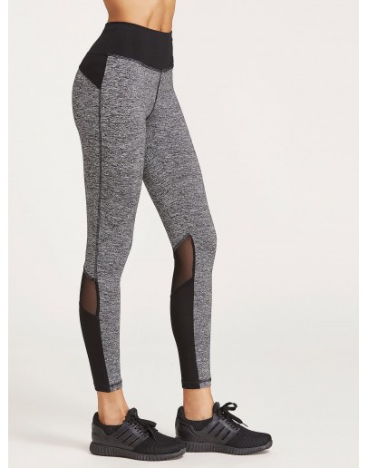 Contrast Marled Knit Mesh Insert Leggings