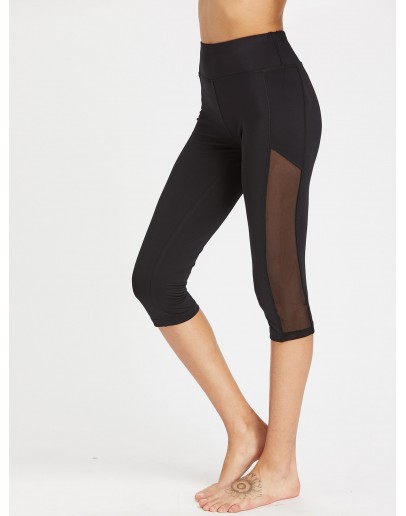 Wide Waistband Mesh Panel Crop Leggings