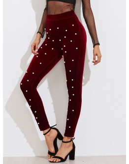 Pearl Detail Velvet Leggings