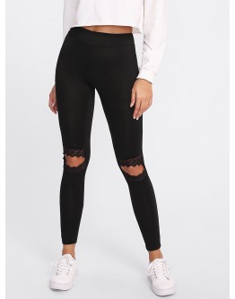 Knee Cutout Embroidered Mesh Insert Leggings