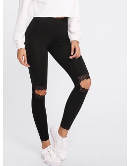 Knee Cutout Embroidered Mesh Insert Leggings