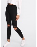 Knee Cutout Embroidered Mesh Insert Leggings