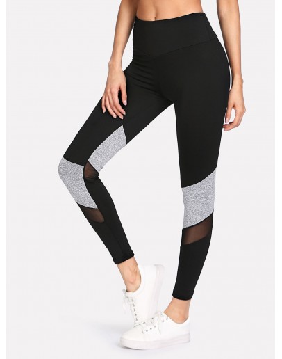 Contrast Marled Mesh Insert Leggings