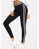 Letter Print Waist Striped Side Leggings