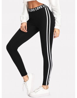 Letter Print Waist Striped Side Leggings