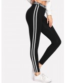 Letter Print Waist Striped Side Leggings