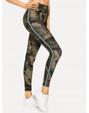 Camo Print Striped Tape Side Leggings